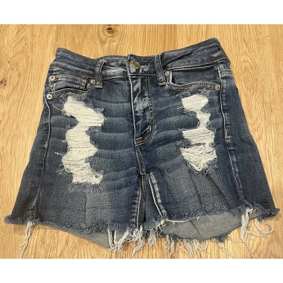 AMERICAN EAGLE NEXT LEVEL STRETCH HI RISE SHORTIE DENIM SHORTS SIZE 0 ⭐ - Picture 1 of 7